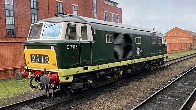 A beautifully restored Hymek diesel locomotive at a British heritage railway.